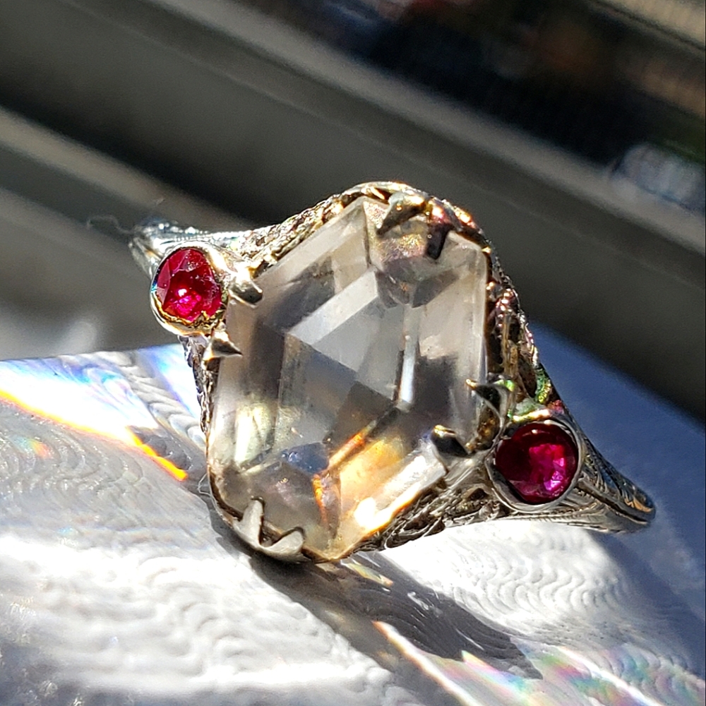 Victorian 12kt white gold white Quartz stone ring with 2 rubies …
